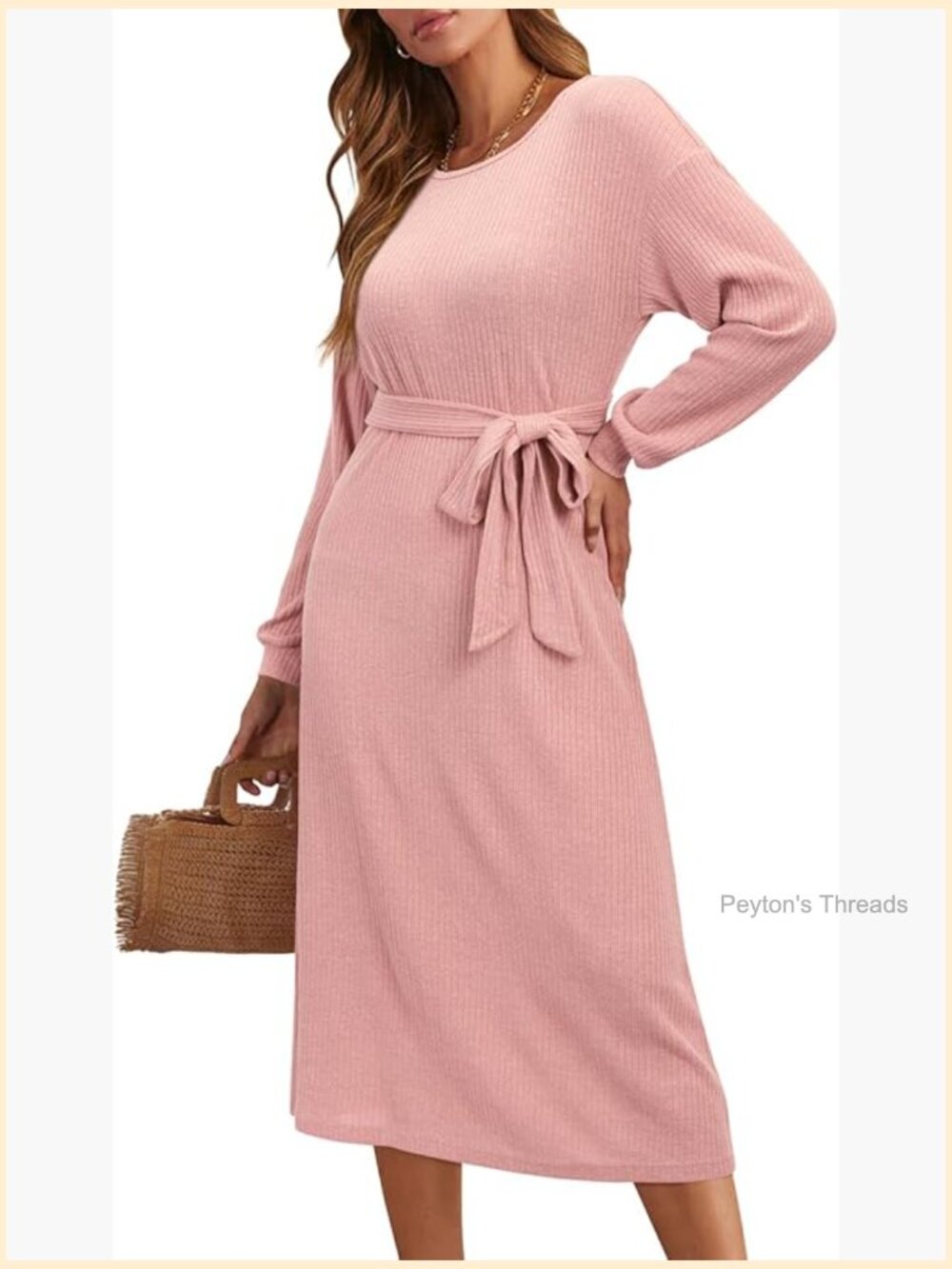 Lightweight Ribbed Knitted Midi Dress with Belt - Picture 1 of 7